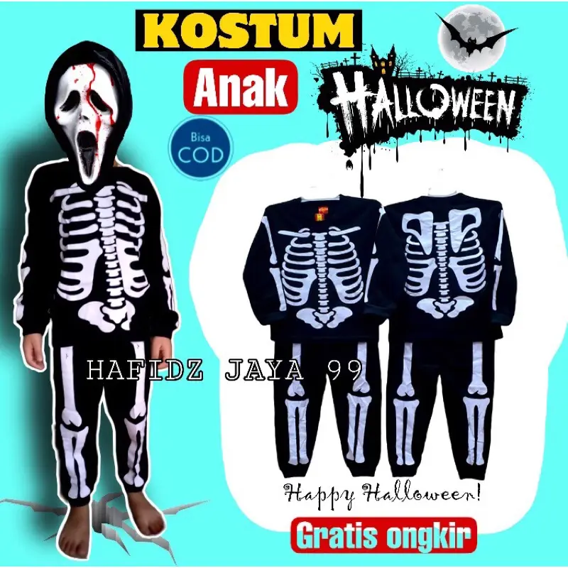 Setelan Baju kostum anak tengkorak /Tulang Stelan baju lengan panjang anak / baju tidur anak laki-laki motif tulang / halloween costume SKULL SKELETON