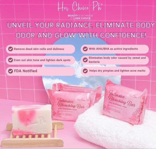 Product Introduction of INTENSIVE BLEACHING BAR BY HER CHOICE PH 120 GRAMS Soap Acne Peeling Brightening Arbutin Body Care 12