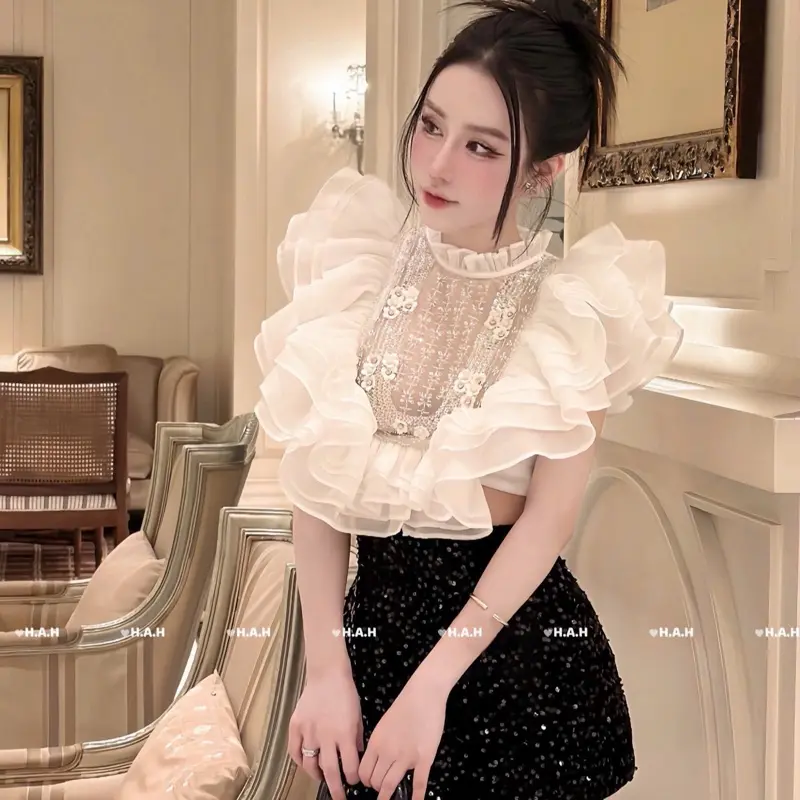 set áo tơ bèo cánh tiên chất vải tơ xop viền đá mix quần kim sa bling sang chảnh di tiec
