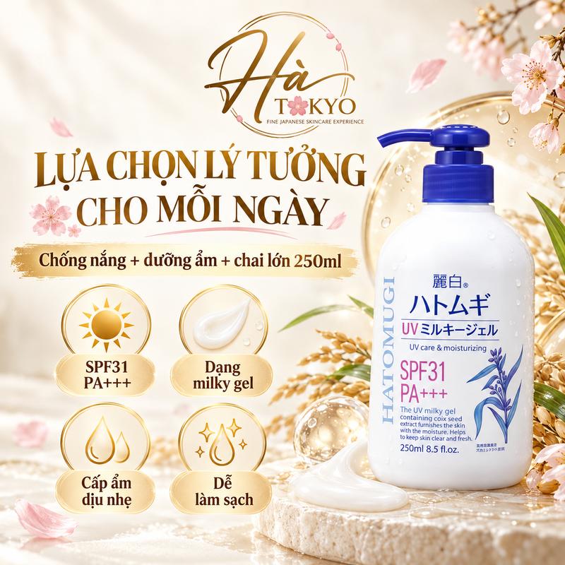 Gel Chống Nắng Hatomugi UV Milky Gel SPF31 PA+++ 250ml – Dưỡng Ẩm, Dùng Cho Mặt & Body