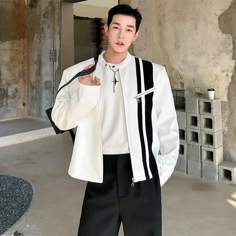 Jaket Pria Kulit Sintetis Zipped Lengan Panjang Garis-Garis Hitam Putih - Branded, Tebal Cowok Casual Keren