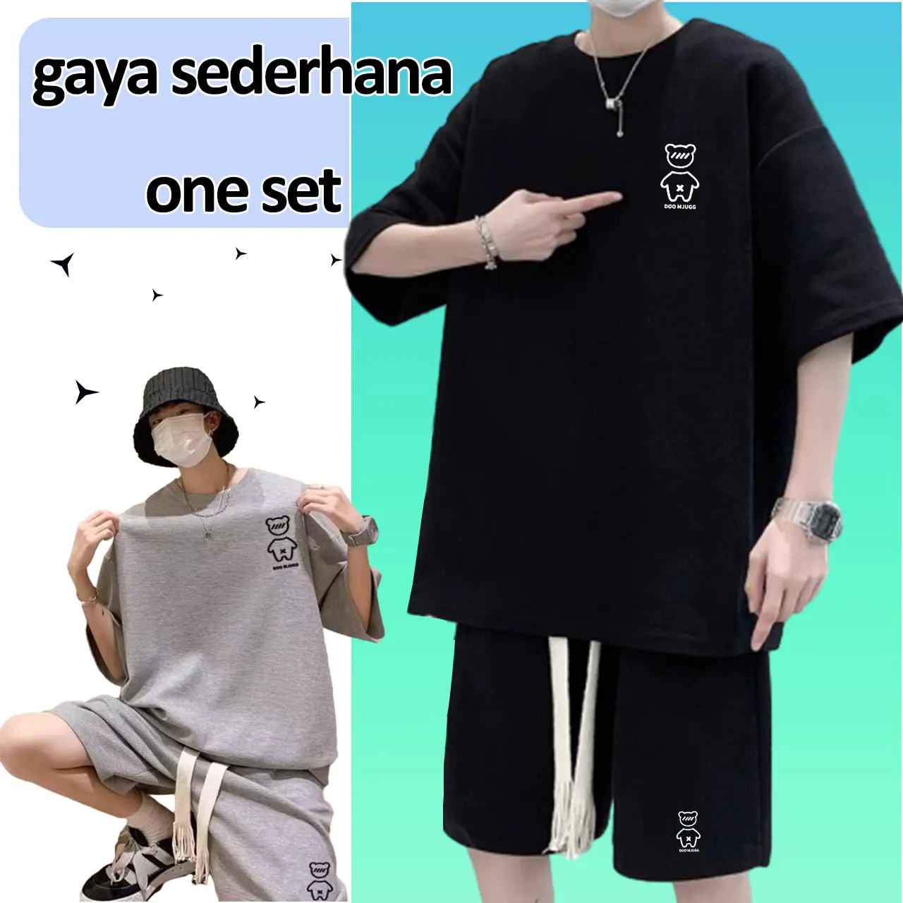 baju lengkap 1 set pria 1 set outfit cowok korean style outfit full set cowok keren setelan pria dewasa setelan cowok dewasa setelan laki laki dewasa Polos Katun Casual Pendek Celana Hitam setelan  starboy outfit  skena