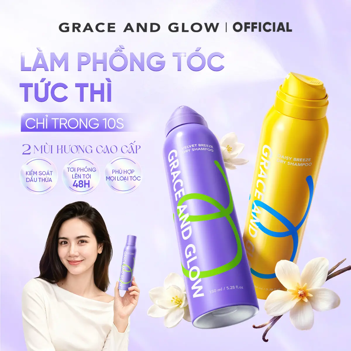 [Huyền Lizzie tin dùng] Dầu gội khô phồng tóc Grace and Glow Velvet Opium/Daisy Breeze 150ml kiềm dầu lâu bết giúp giải cứu tóc bết lưu