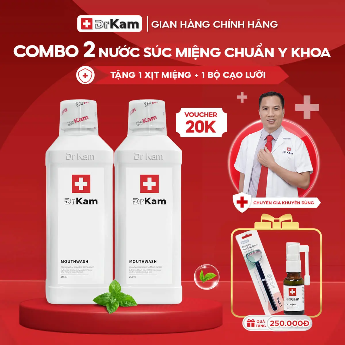 [COMBO SIÊU TIẾT KIỆM] Combo 2.Nước súc miệng chuẩn y khoa DrKam - khử hôi miệng, giảm viêm nướu. Tặng 1 xịt miệng, cạo lưỡi