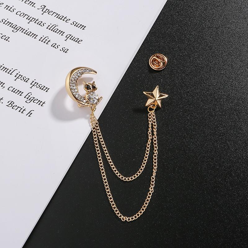 Ghim Cài Ve Áo Thanh Lịch Cho Nam, Huy Hiệu Có Dây Xích, Trâm Cài Hình Cú Cho Bộ Đồ, Tuxedo, Ngôi Sao, Mặt Trăng, Ramadan, Corsage, Cổ Áo 4