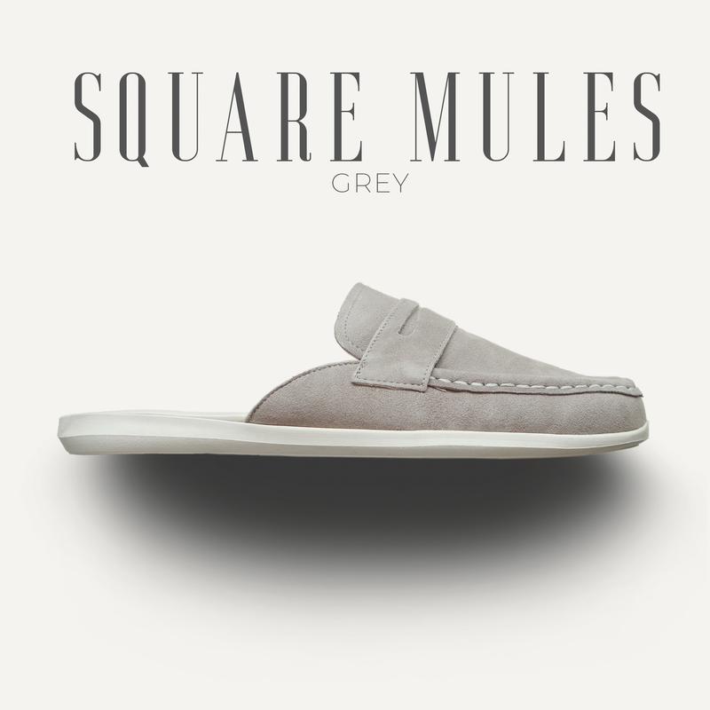 Giày sục nam SQUARE MULES NÂU và XÁM cao cấp da lộn công sở văn phòng giày siêu nhẹ đế bằng TONKIN