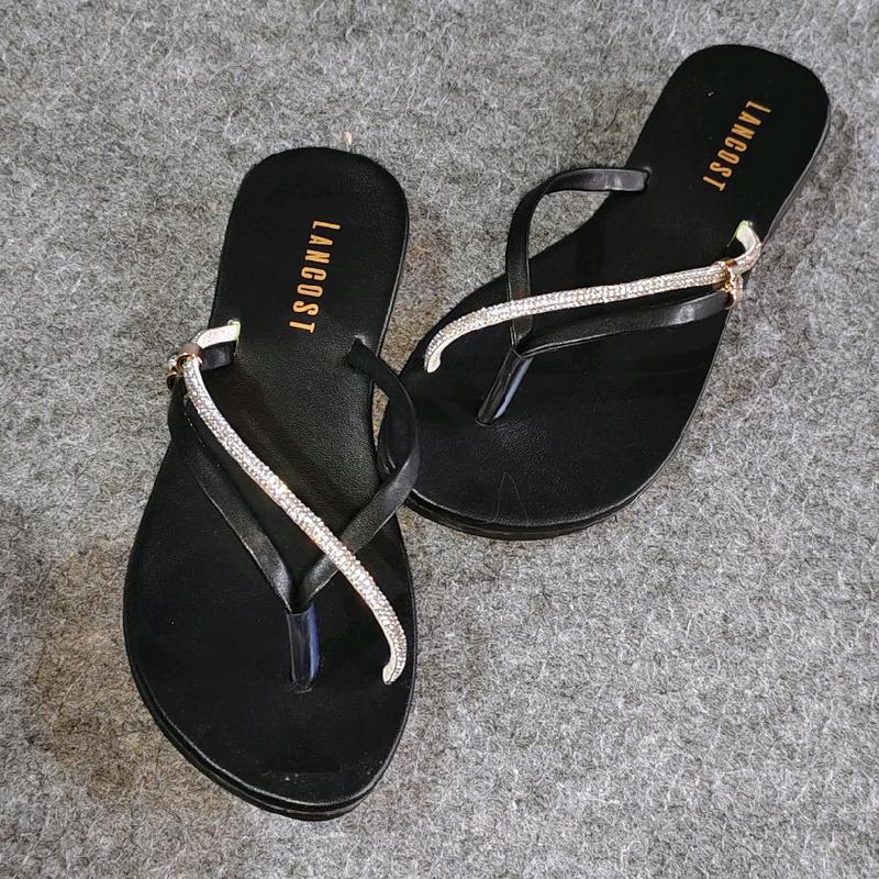 Sendal Jepit Wanita Kristal Blink Blink Elegan Hari Raya Series - Cewek, Hak 1cm, Warna Hitam, Ukuran 37-40 - Sandal 1