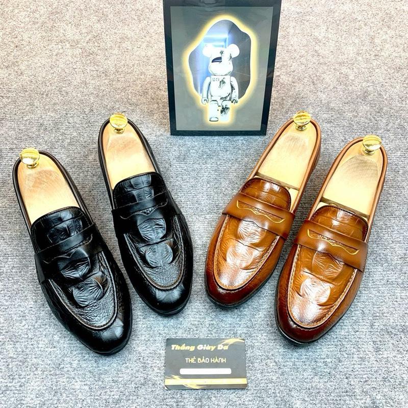Giày Lười Da Bò Dập Vân Cá 4 Gù Không Nơ