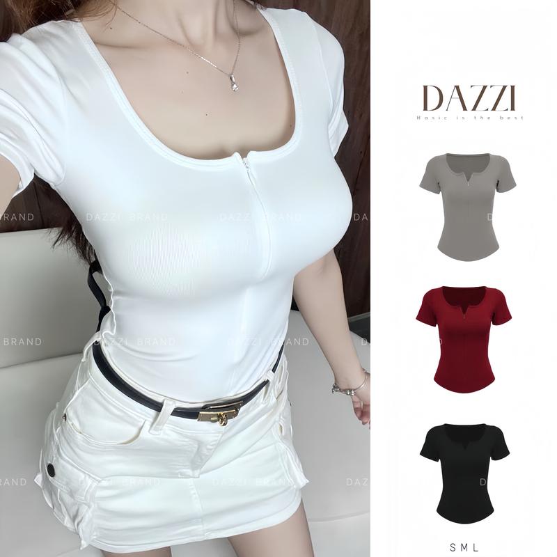 Áo thun nữ cổ vuông phối dây kéo vạt bầu ôm dáng vải cotton mịn DAZZI Women A023
