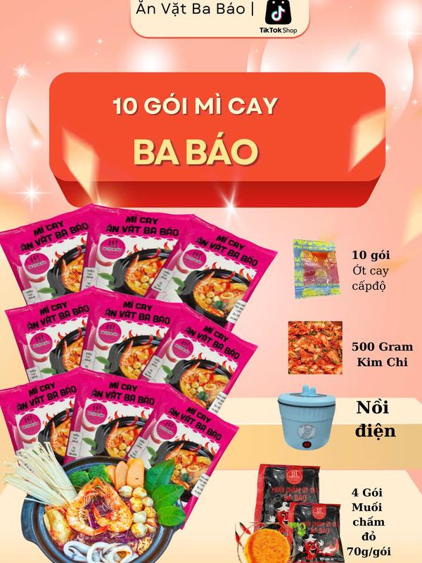 [ Mì Cay Ba Báo ] Combo 10 gói mì cay TRÒN VỊ cốt pha sẵn chuẩn tại quán ( 1 gói gồm súp + mì ) kèm 500G Kim Chi , 4 Muối Chấm Đỏ , 1 Nồi Điện , Ớt cay cấp độ