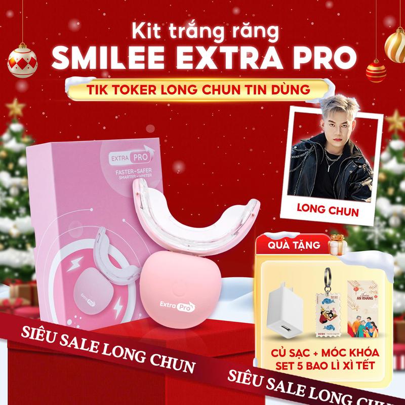   CFV_LONG CHUN  Bộ Kit Hỗ Trợ Làm Trắng Răng Smilee Extra PRO  Phiên bản cải tiến   - Duy trì độ trắng 8-12 tháng tuỳ cơ địa từng người  - Bảo hành 12 tháng - Hàng chính hãng + CỦ SẠC + MÓC KHÓA TẾT + SET 5 BAO LÌ XÌ TẾT #KITEX 