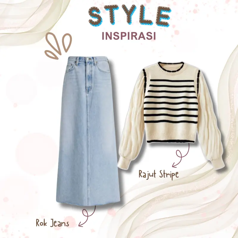 One Set 3 in 1 Rok Jeans + Rajut Stripe + Pashmina Outfit Casual Ootd Jalan Korean Style BC38 3