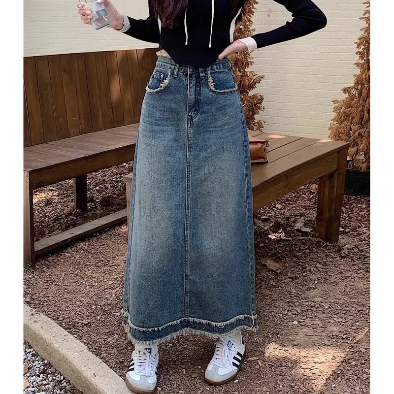 【meissi.id】Rok Jeans Bigsize Jumbo Rok Jeans Panjang Wanita Skirt Denim Midi A Line Highwaist Rok Jeans Korean Style Outfit Wanita Kekinian 4