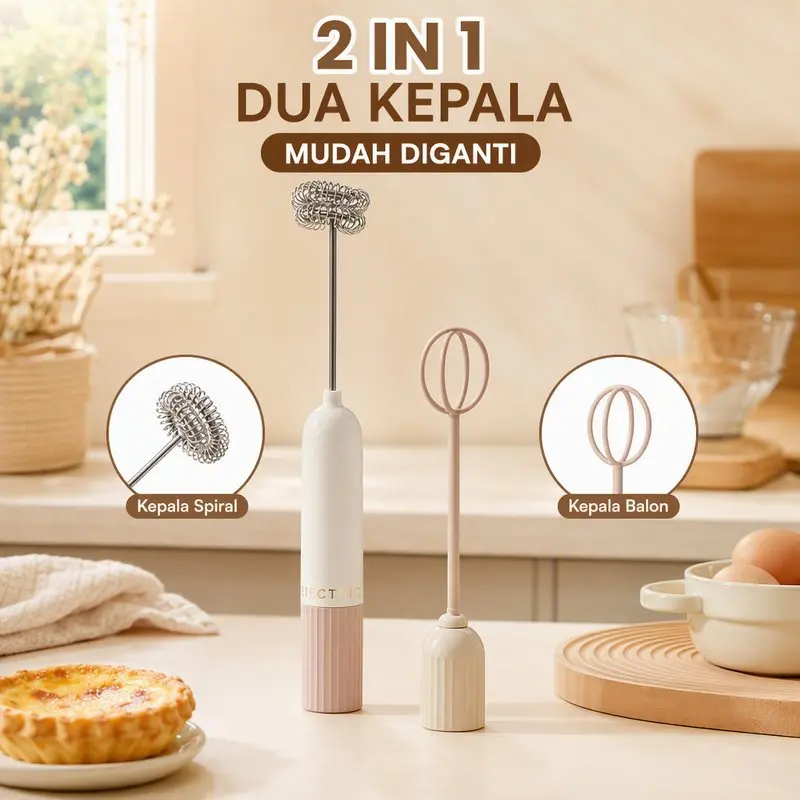 Pengocok Telur Elektrik Wireless 2in1 Kepala Ganda Milk Frother Pembuih Susu Stainless Steel Food Grade Untuk Baking Kopi Bubur Bayi Desain Berdiri Sendiri