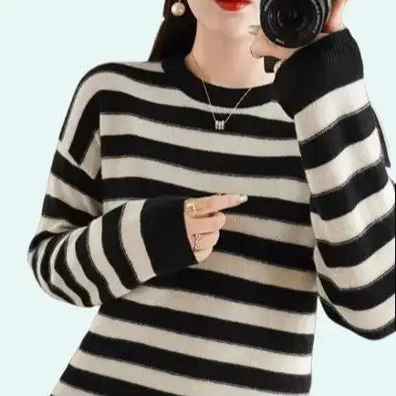 Women Merino Wool Sweater, Round Neck, Strip Pullover, Color Matching, Casual Knitted, Bottoming 4