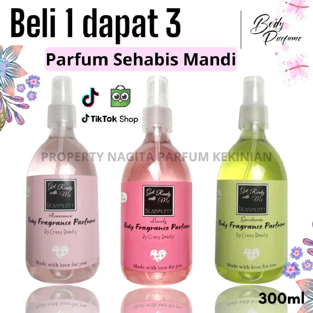 Paket 3 Parfum Badan sehabis mandi wangi cowok cewek Green tea, Sauvage isi 300ml Perfume