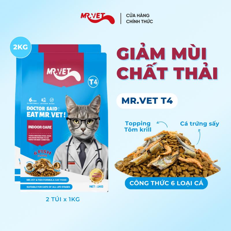 THỨC ĂN CHO MÈO 2 Túi Hạt Holistic Mr.Vet Thế hệ T4 Túi 1kg Công thức 6 loại cá Cá ngừ Cá hồi Cá Bonito Cá cơm Cá tuyết cùng Topping Cá trứng và Tôm Krill sấy khô duy trì thể trạng lý tưởng cho mèo ít vận động phù hợp cho mèo mọi lứa tuổi
