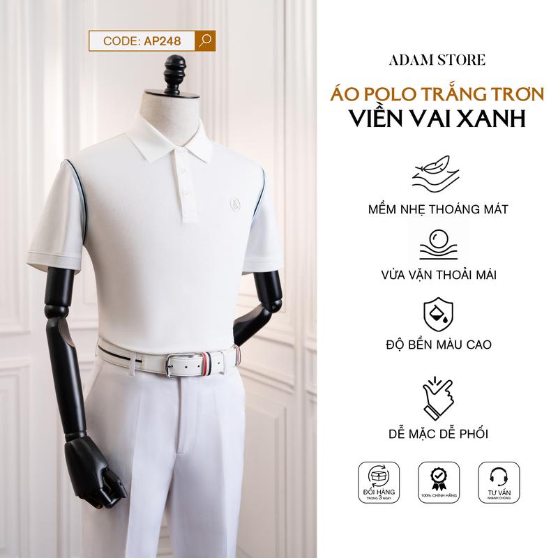 ÁO POLO NAM TRẮNG TRƠN ADAM STORE VIỀN VAI XANH AP248 CỔ ĐIỂN SANG TRỌNG