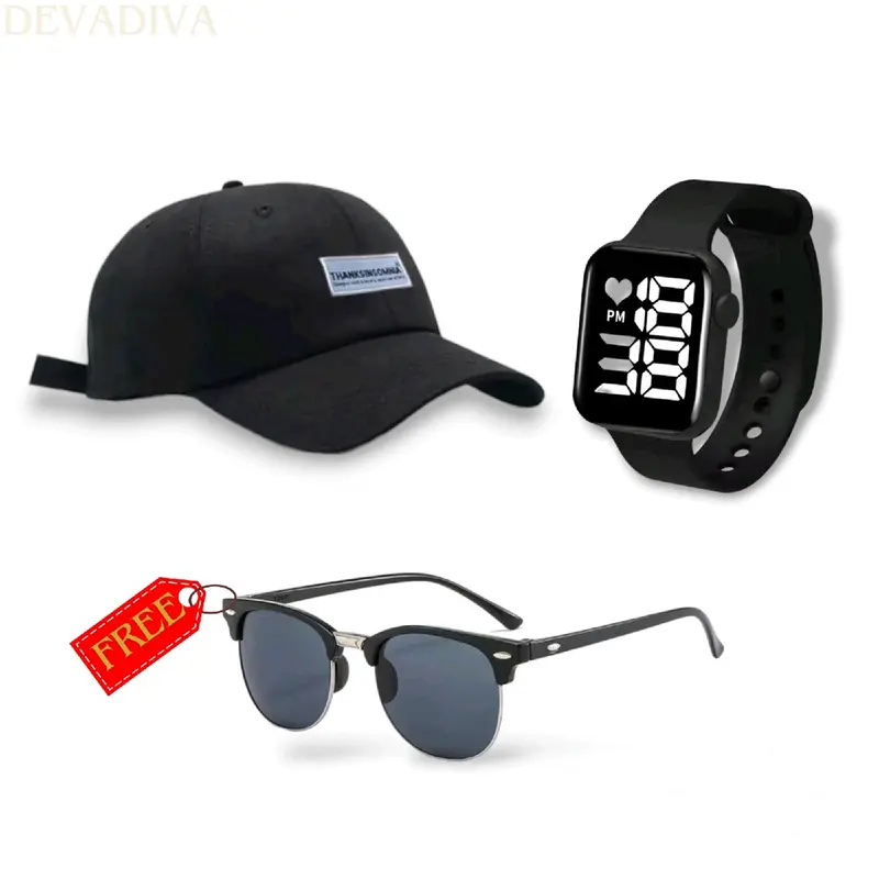 Topi Distro Thanksinsomnia - Beli 1 Dapat 3 item Topi - Jam led dan kacamata kekinian Hitam Karet Pria Pengait 1