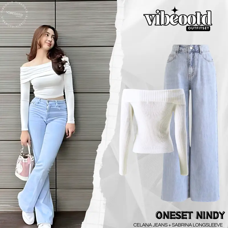 Nindy Outfit Set Wanita  ( Celana Loose Pants Denim + Atasan Sabrina Longsleeve Premium Basic ) Setelan Santai Cantik  | Ootd Hangout Simple |  One Set Nyaman Casual Fit Panjang Lembut 0