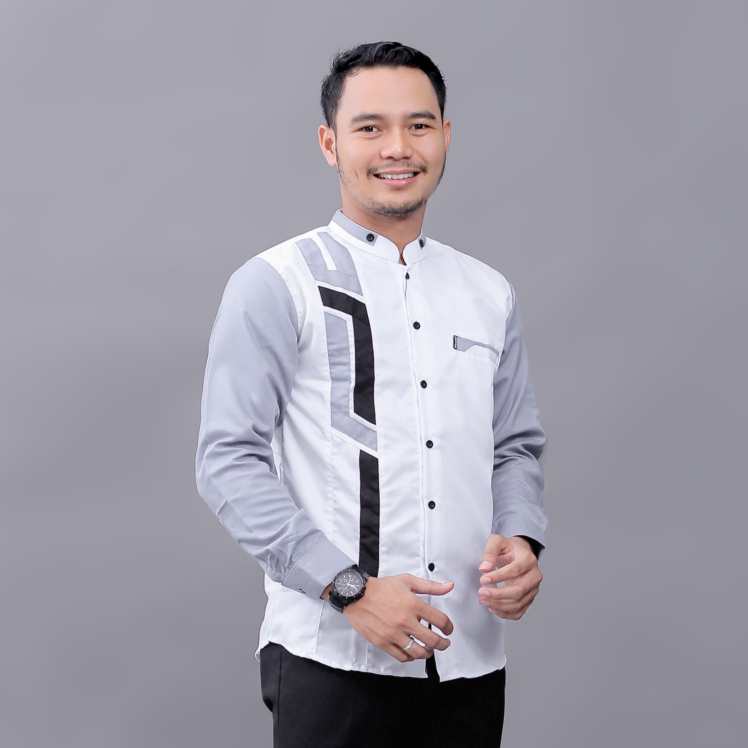 Baju Koko Muslim Pria Dewasa El Rumi Lengan Panjang Motif Sinergi Warna Putih Abu List Hitam Pendek Kain Katun Toyobo