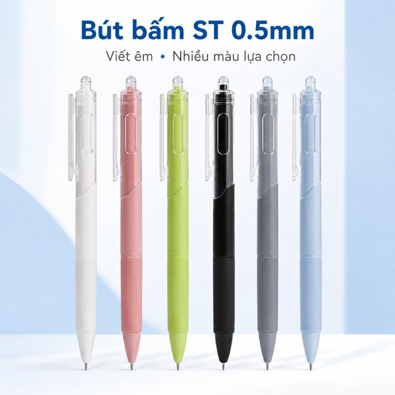 Bút Bấm ST 0.5mm Mực Đen, Bút Gel Trung Tính Viết Êm Cho Học Sinh, Thi Cử, Văn…