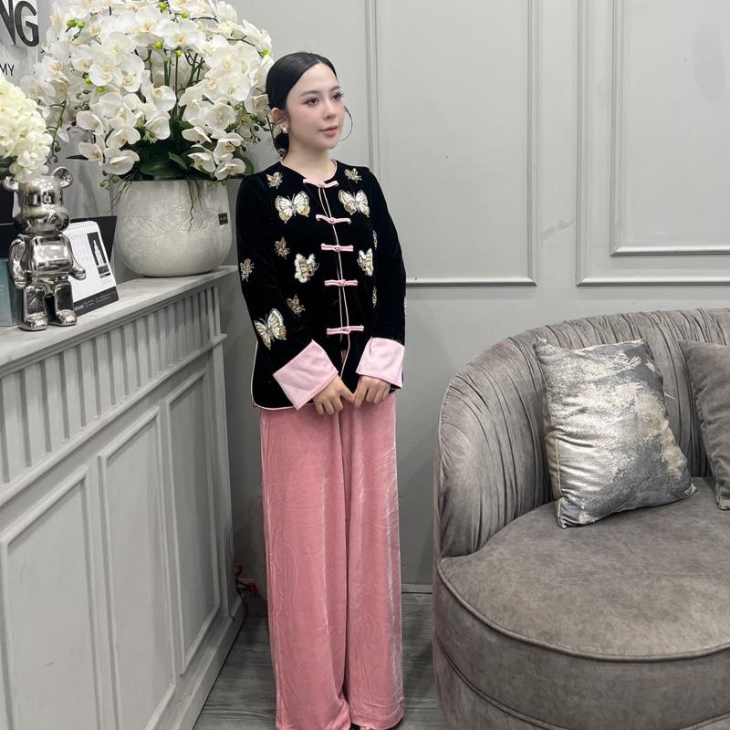 A6- Áo Nhung The Dài Tay Cách Tân Cúc Sườn Xám Đính Bướm