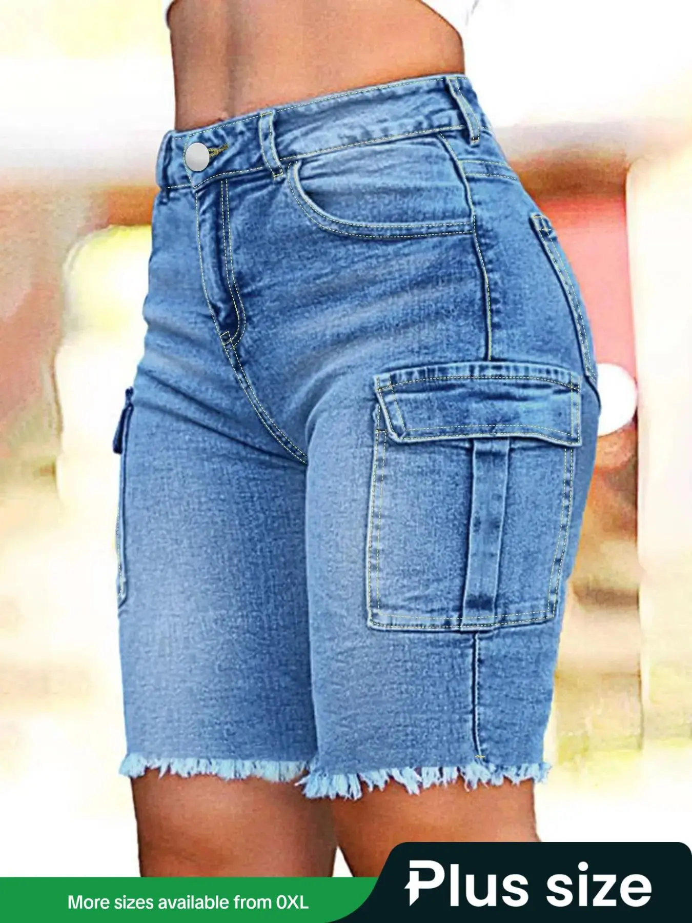 【Plus Size】 Pocket Raw Hem Denim Shorts, Casual Button Fly Shorts for Summer, Women's Bottoms for Daily Wear, Womenswear