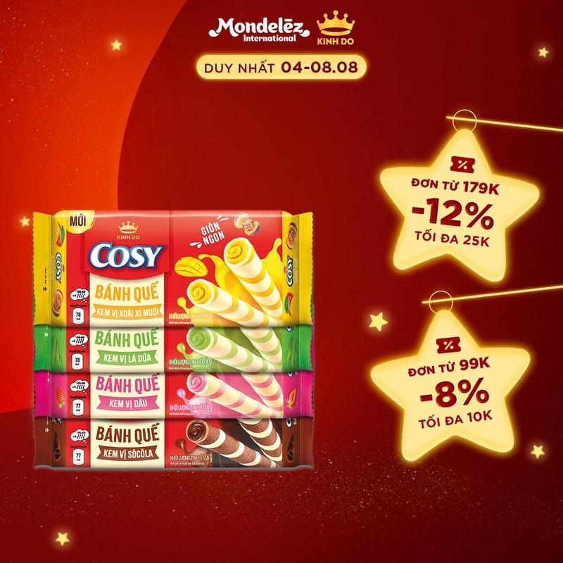 Bánh Quế Cosy 4 Vị (Socola, Dâu, Lá Dứa, Xoài Xí Muội), Combo 4 Hộp x 117.6G