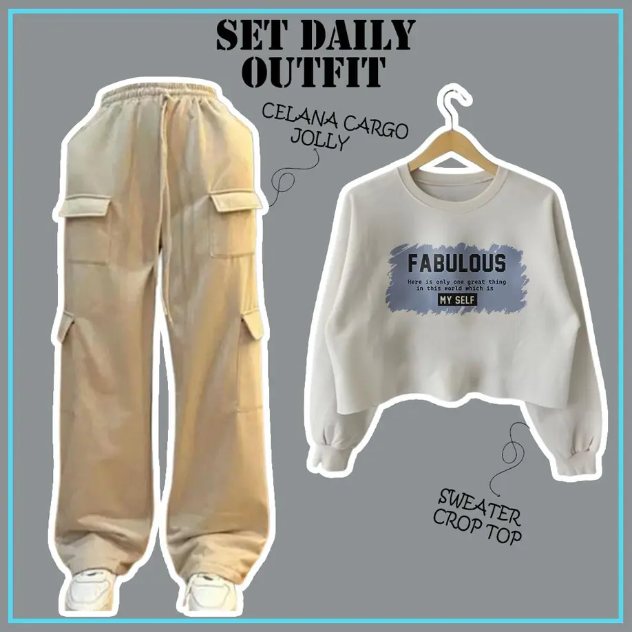 ONE SET FABOLOUS SWEATER CROP - JOGGER POCKET JOLLY WANITA SET TERBARU Crop Top Lengan Tangan Panjang