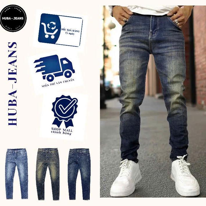 quần jean nam ống ôm HUBA-JEANS PHOM SLIMPIT Menswear Pants Có Túi Denim quầntàntật quần purple quần biker quần icon thông thường  có thể giặt máy khóa kéo Kem