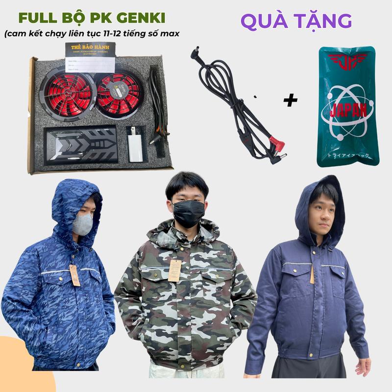  GENKI Áo Điều Hòa Kaki Có Mũ Dày Dặn Pin 90000mAh 20V Chống Rách Thấm Mồ Hôi Chất Lượng Cao BH 1 Năm Full Bộ PK Japan Quà Tặng 