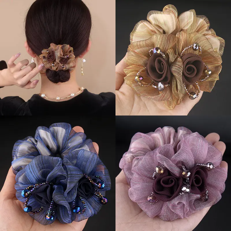 Băng Đô Hoa, Phong Cách Hàn Quốc, Thanh Lịch, Dây Buộc Tóc Scrunchie Lưới, Đầu Sợi, Buộc Tóc Hoa, Băng Đô Dây Cao Su, Dành Cho Nữ 0