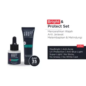 HAUFF BRIGHT & PROTECT SET | Paket Skincare Pria | Mencerahkan Wajah Kusam | Anti Jerawat | Menyamarkan Noda Hitam | Meratakan Warna Kulit | Niacinamide, Alpha Arbutin, Salicylic Acid, 4 Types of Hyaluronic Acid, 10-Fruit Extract Complex | SPF 35 PA +++