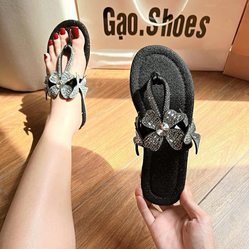 Gạo.Shoes CÓ BIGSIZE Dép Lê Nữ Mũi Tròn Quai Kẹp Trang Trí BƯỚM HOA Xinh Xắn Đế Chống Trơn Trượt.