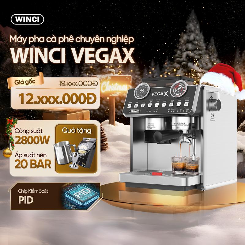 Máy Pha Cà Phê Espresso Winci VEGA-X Giá đã bao gồm VAT Pha Chế tự động Tay Cầm 58mm Công suất 2800 W Áp suất 20 Bar 2 Boiler Tặng 1 tamper inox ,1 gói cà phê robusta 250 Gr,1 cainox Máy Xay Cà Phê Xay Cà Phê combo