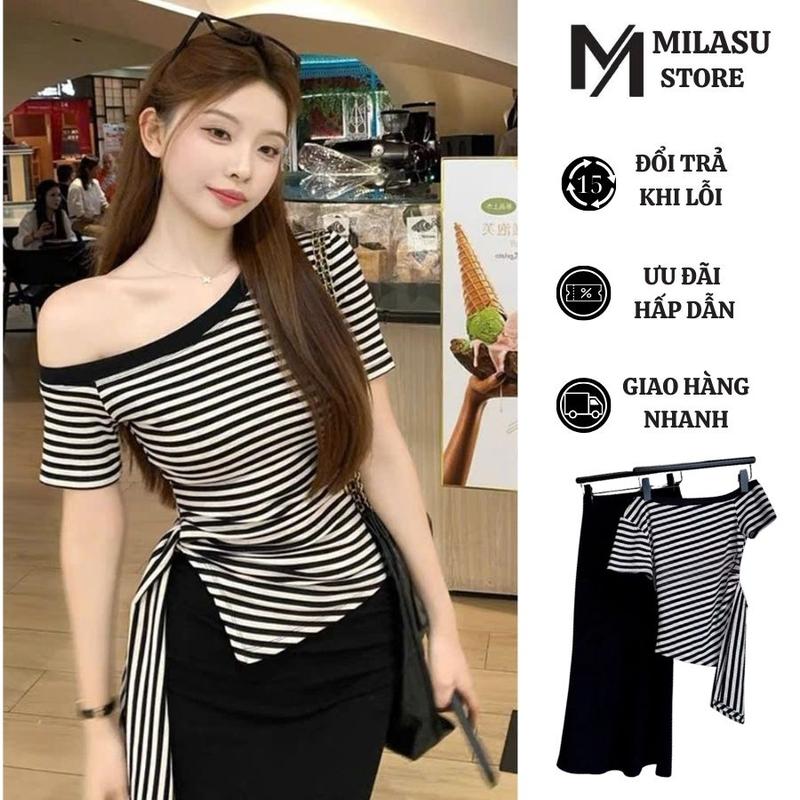 Set Áo Lệch Vai Kẻ Sọc Vạt Nhọn Buộc Dây Eo Kèm Chân Váy Dáng Dài Đuôi Cá Siu Chảnh 429