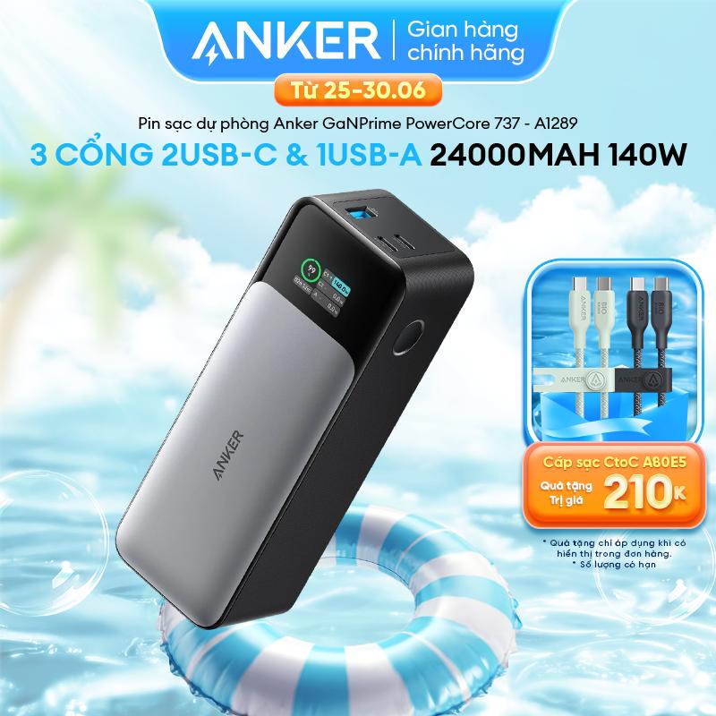Pin Dự Phòng Anker GaN Prime 737 PowerCore 24.000mAh | Công suất lớn 140W | 3 cổng 2C1A sạc 3 thiết bị cùng lúc | Màn hình led thông minh | Sạc nhanh cho điện thoại laptop - A1289