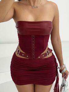 Two-piece Set Women's Solid Color Lace Up Tube Top & Grommet Eyelet Decor Skirt, Fashion Casual Strapless Top & Ruched Skirt for Party Club Dating, Ladies Summer Clothes