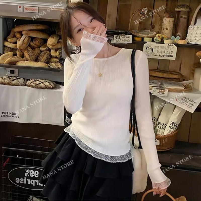 Áo thun nữ cổ tròn dài tay phối viền ren A159 dáng ôm phong cách nữ tính tiểu thư
