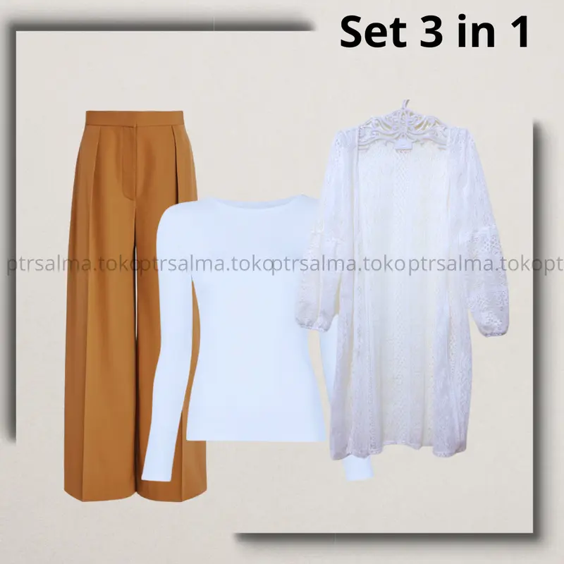 Setelan Stylish 4 in 1 Cardigan Brukat Lengan Panjang  Warna Putih dan Celana Kulot Zipper Mocca -  One Set Terkini - Ready Stok 1