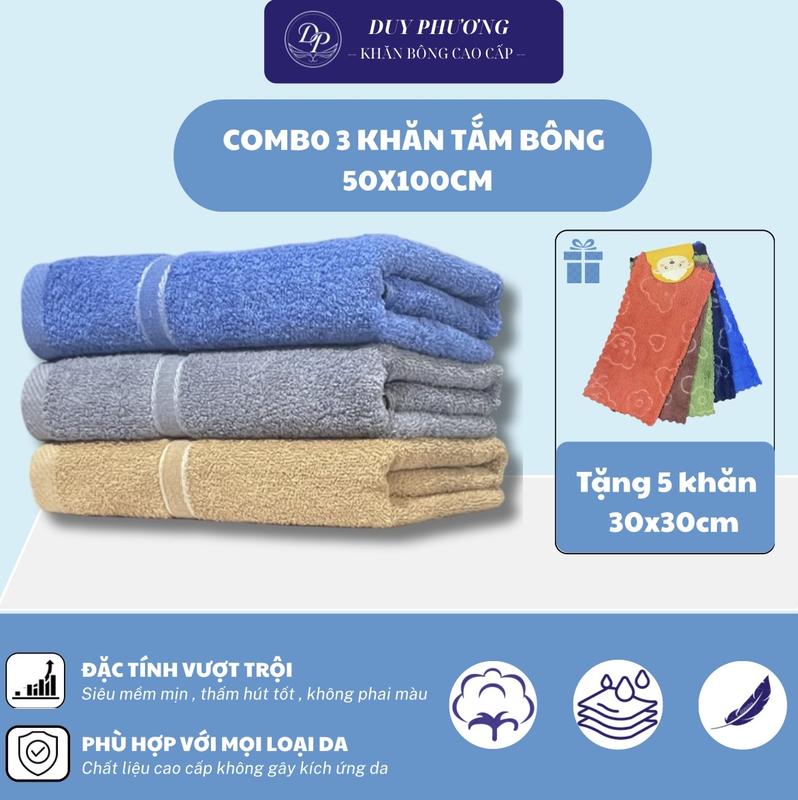 COMBO 3 Khăn Tắm COTTON 50x100cm + Tặng 5 Khăn 30x30cm mềm mại thấm hút không xổ lông không phai màu.
