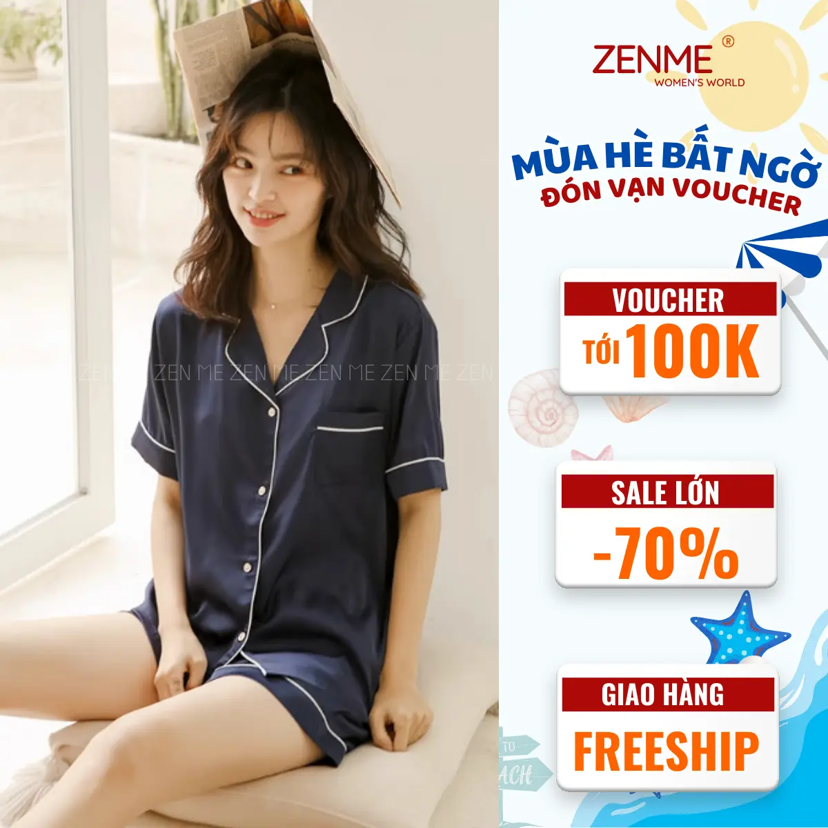 Bộ ngủ Pijama, bộ mặc nhà nữ Lụa Latin quần cộc tay ngắn  Zen Me PJC0223 Women Áo Quần Ngủ