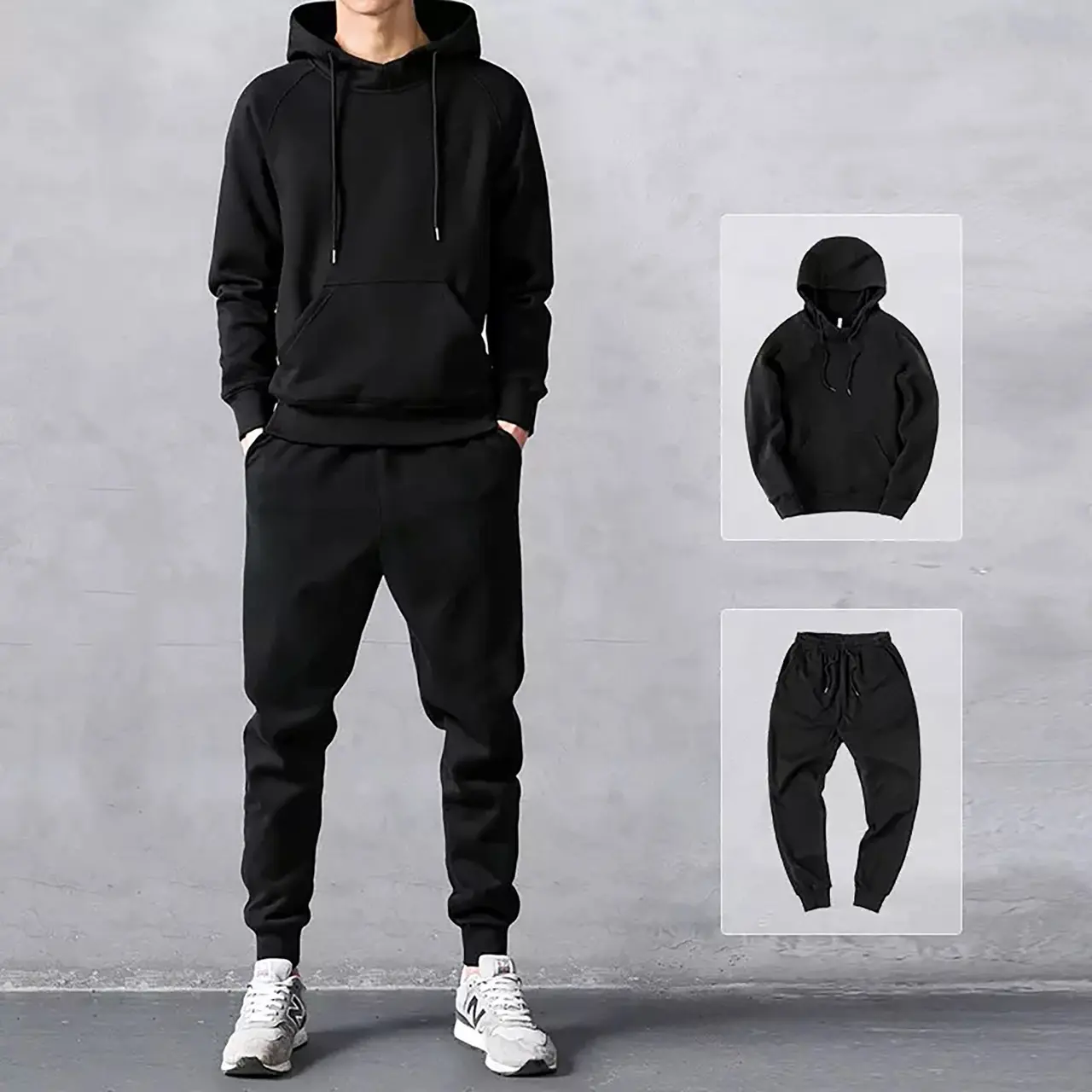 stelan polos  TERSEDIA UKURAN M, L ,XL satu set hoodie + jogger Atasan Celana Panjang Tebal Pria Hitam Sweater Dewasa