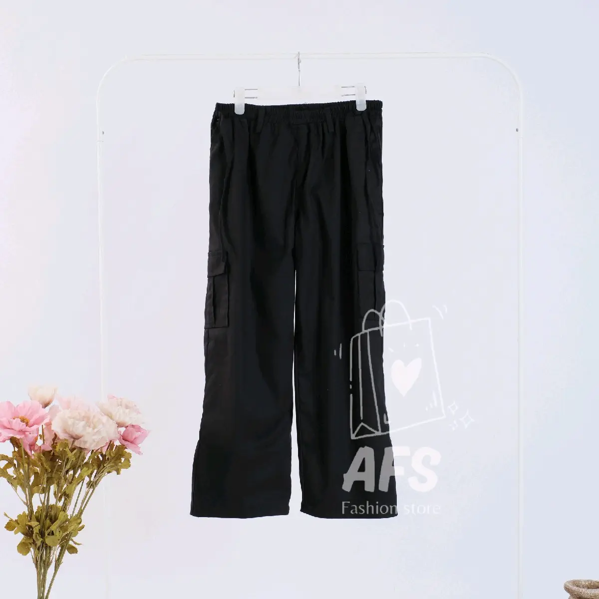 Baggy Pants Celana Loose Cargo Wanita Jumbo Big Size Kantong Besar Katun Tebal Karet Panjang kulot stripe celana  ody ootd  celana Hitam