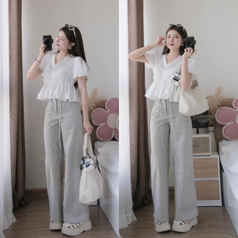 S920 (TÁO ĐỎ BIGSIZE 55-90KG) SET 2 MÓN BIGSIZE ÁO CROPTOP TRẮNG THẮT DÂY + QUẦN KẺ ÔNG RỘNG