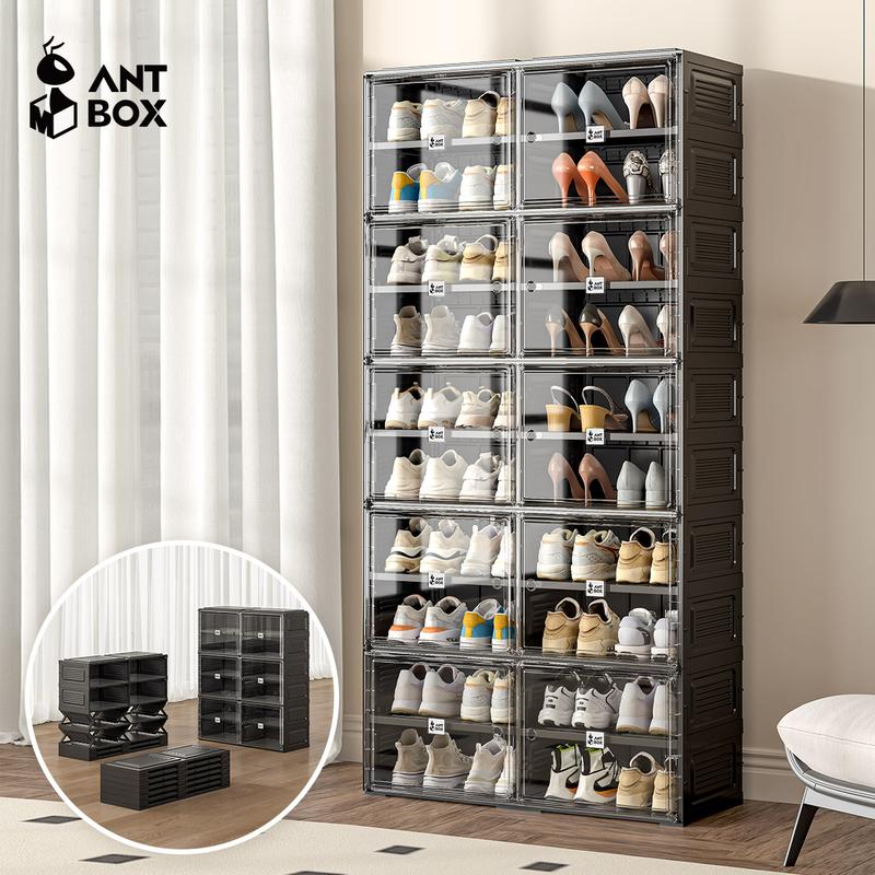 Tủ Hộp Giày, ANBOX, Màu Đen, Có Bánh Xe, Hộp Đựng Trưng Bày Giày, Dễ Lắp Đặt, Có Thể Gập Lại, Thích Hợp Cho Gia Đình, Có Nắp Đậy, Dung Tích Lớn, Lắp Đặt Miễn Phí, Chắc Chắn, Dụng Cụ Sắp Xếp Giày