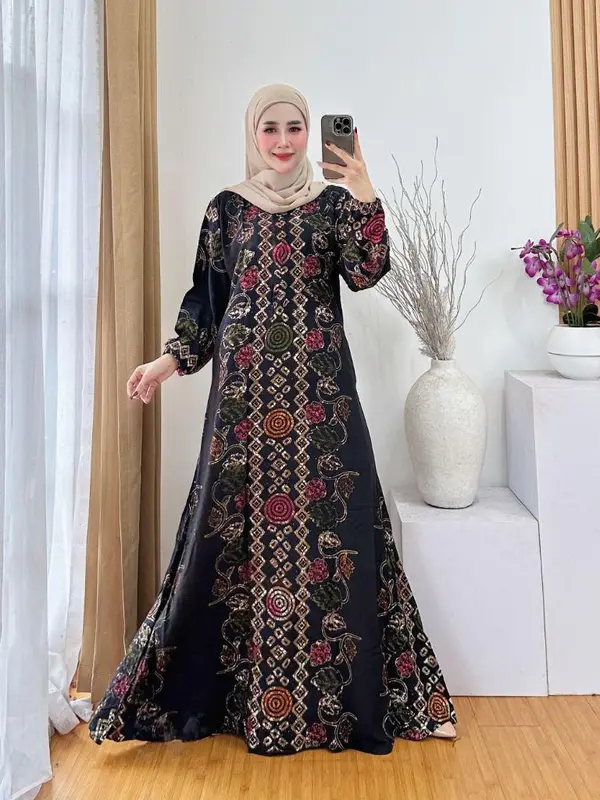 Gamis Luxe Cap motif Multicolor Terbaru 2025 Bahan kain Premium Resleting Depan, tali pinggang dan Saku 0