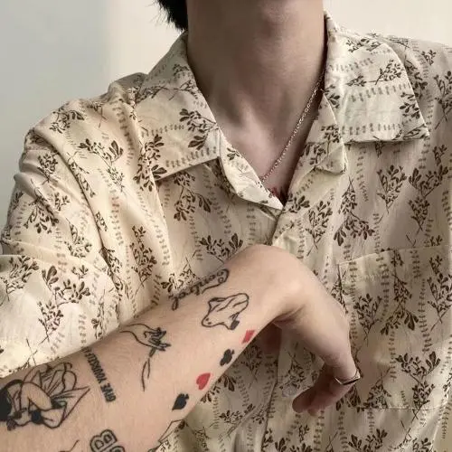 Mens short sleeve shirts Floral Patten Summer Hawaiian bear shirt Khaki/black 184