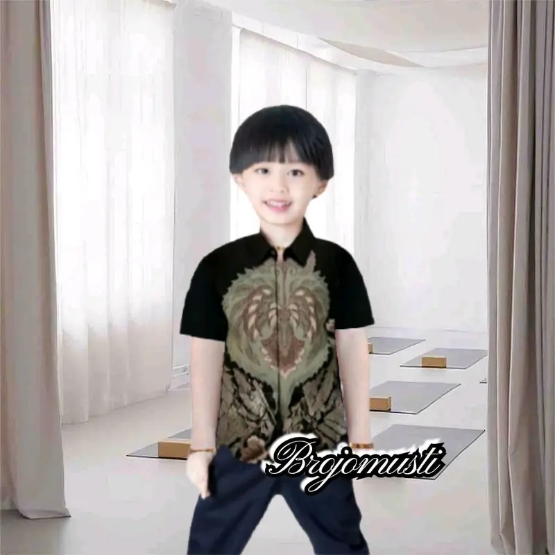 Kemeja Batik Ayah dan Anak Laki-laki Lengan Panjang Usia 2-12thn Motif Hijau Seragam Kain Katun Baju Pria Pendek Hem Hitam Couple Atasan Keluarga Dewasa 5